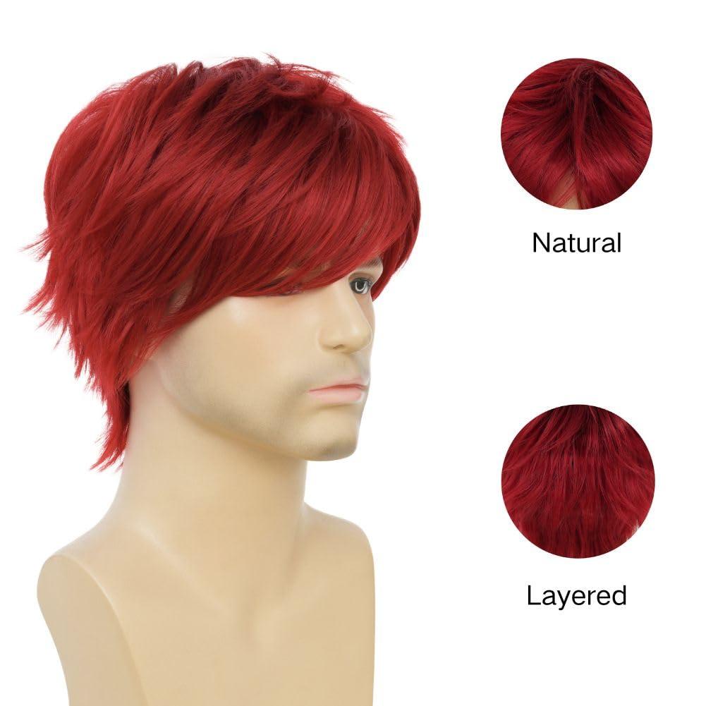 Salaibs Salaibs Mens Red Short Wig with Bangs Synthetic Natural Looking Halloween Cosplay Hair Wigs