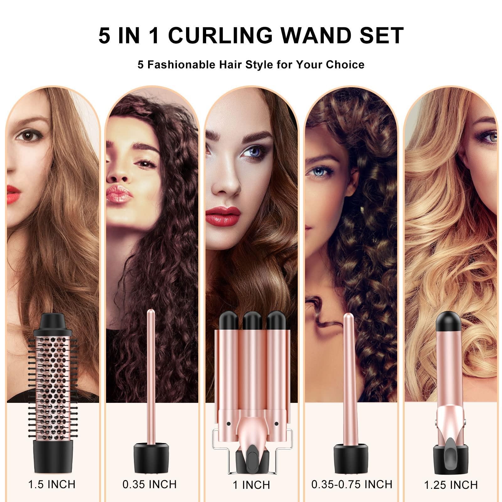 MAX-T Curling Iron Set 5 in 1,MAXT Curling Wand Set Interchangeable Triple Barrel Curling Iron and Curling Brush Ceramic Barrel Wand Curling Iron(0.35-1.25)