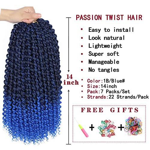Ubeleco 14 Inch Ombre Blue Passion Twist Hair, Water Wave Crochet Hair For Women Passion Twist Crochet Hair 22 Strands/Pack Bohemian Synthetic Curly Braiding Hair Extensions (14 Inch (Pack of 7),1B/Blue)