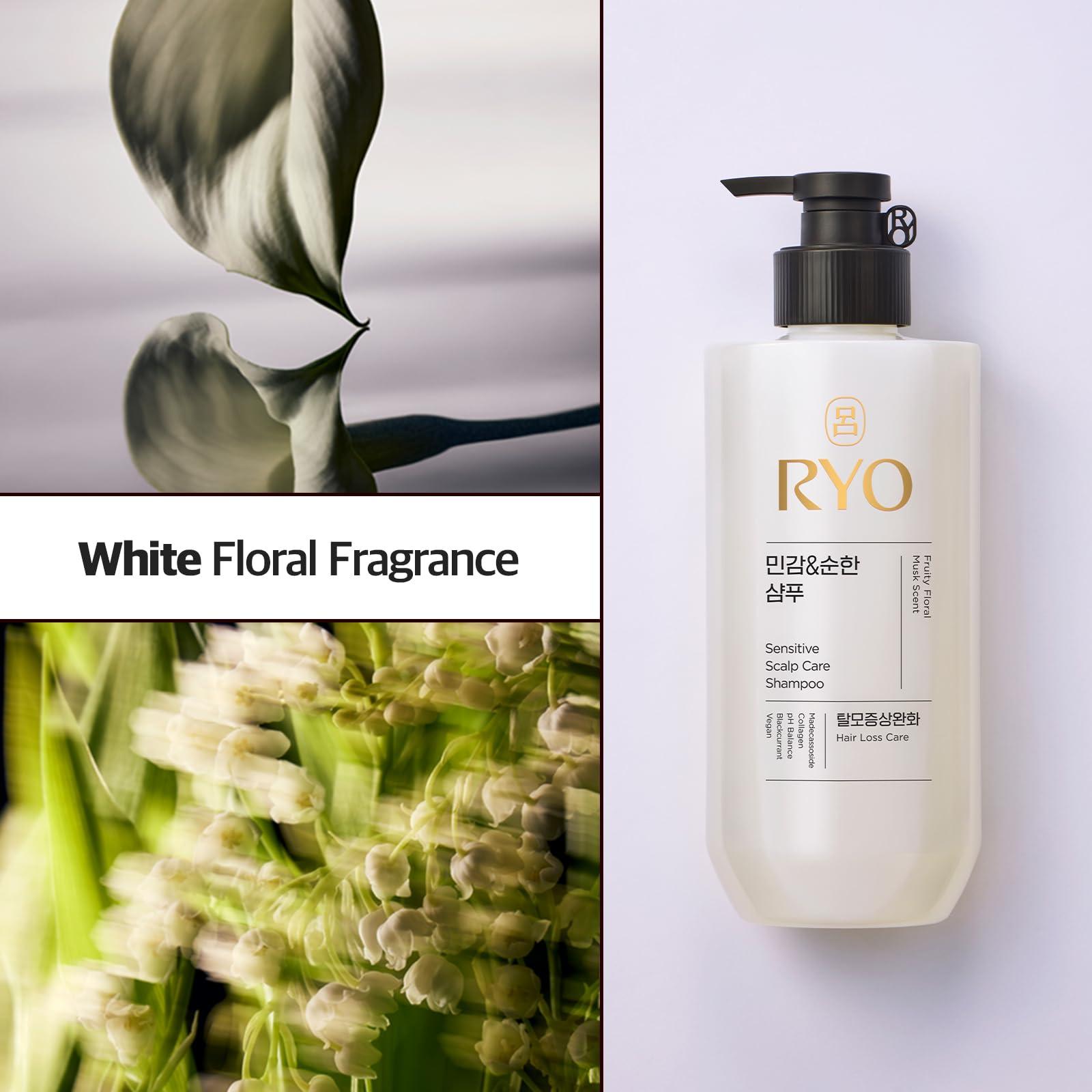 Ryo RYO Sensitive Scalp Care Shampoo with Korean Ginseng & Caffeine - Soothing and Relief for All Hair Type, Anti Loss Care, Dermatologist Tested, 16 Fl Oz.