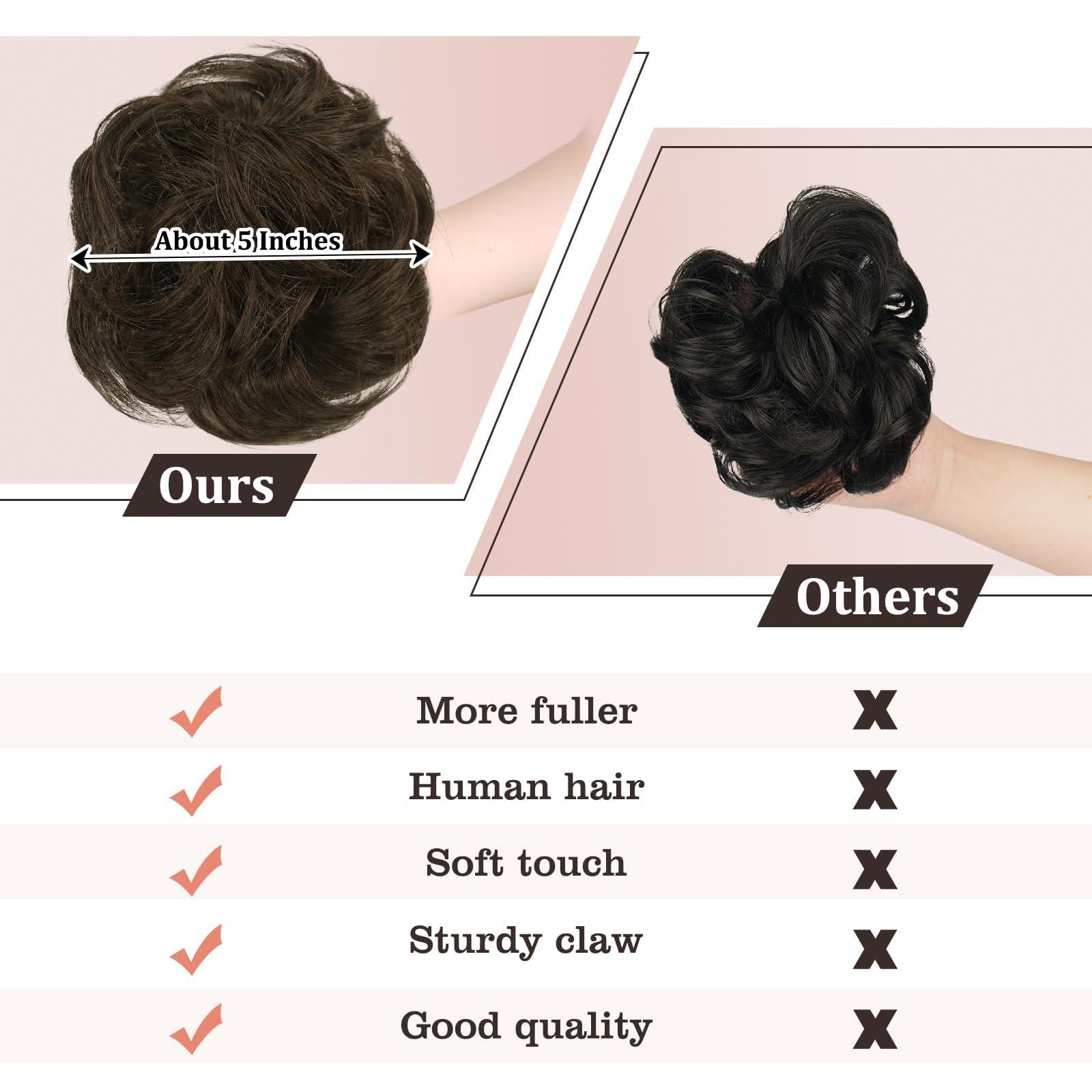 RUWISS RUWISS Claw Clip Messy Bun Hair Piece Real Human Hair Buns Wavy Curly Chignon Hair Bun Extensions Tousled Updo Hair Buns Claw Clip Ponytail Hairpieces Hair Scrunchie with Clip for WomenBrown