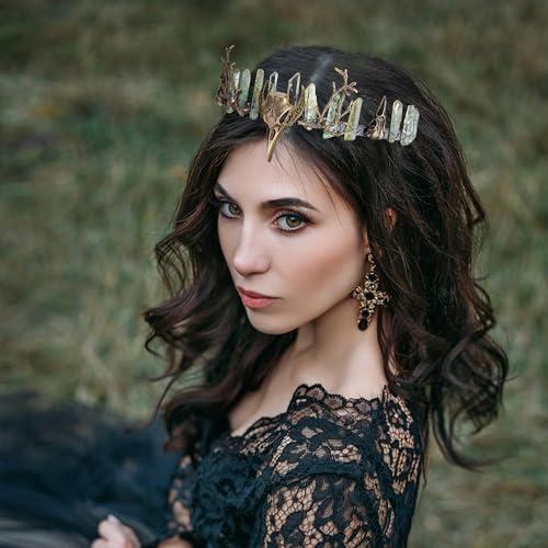 CoTeeZa CoTeeZa Green Fairy Crystal Crown - Handmade Raw Quartz Tiara with Bronze Crow Branch Moon Elf Headpiece Fantasy Forest Witch Crown Wedding Renaissance Halloween Cosplay Woodland Headband