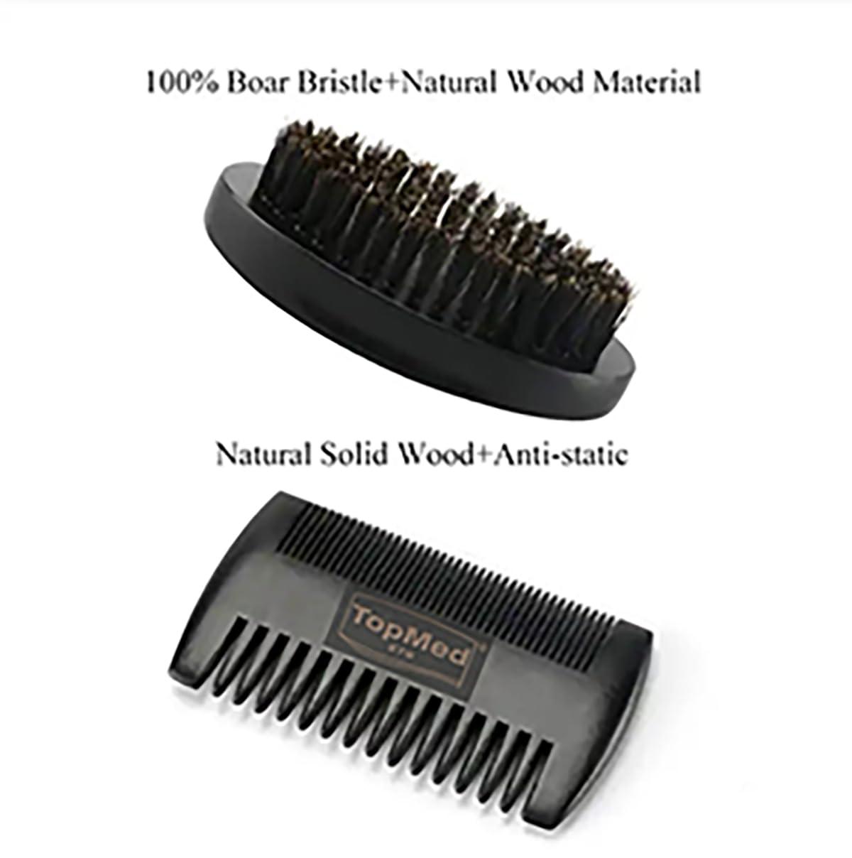 TOPMED ETS Portable Black Soft Bristle Hair Beard Brush and Comb Set