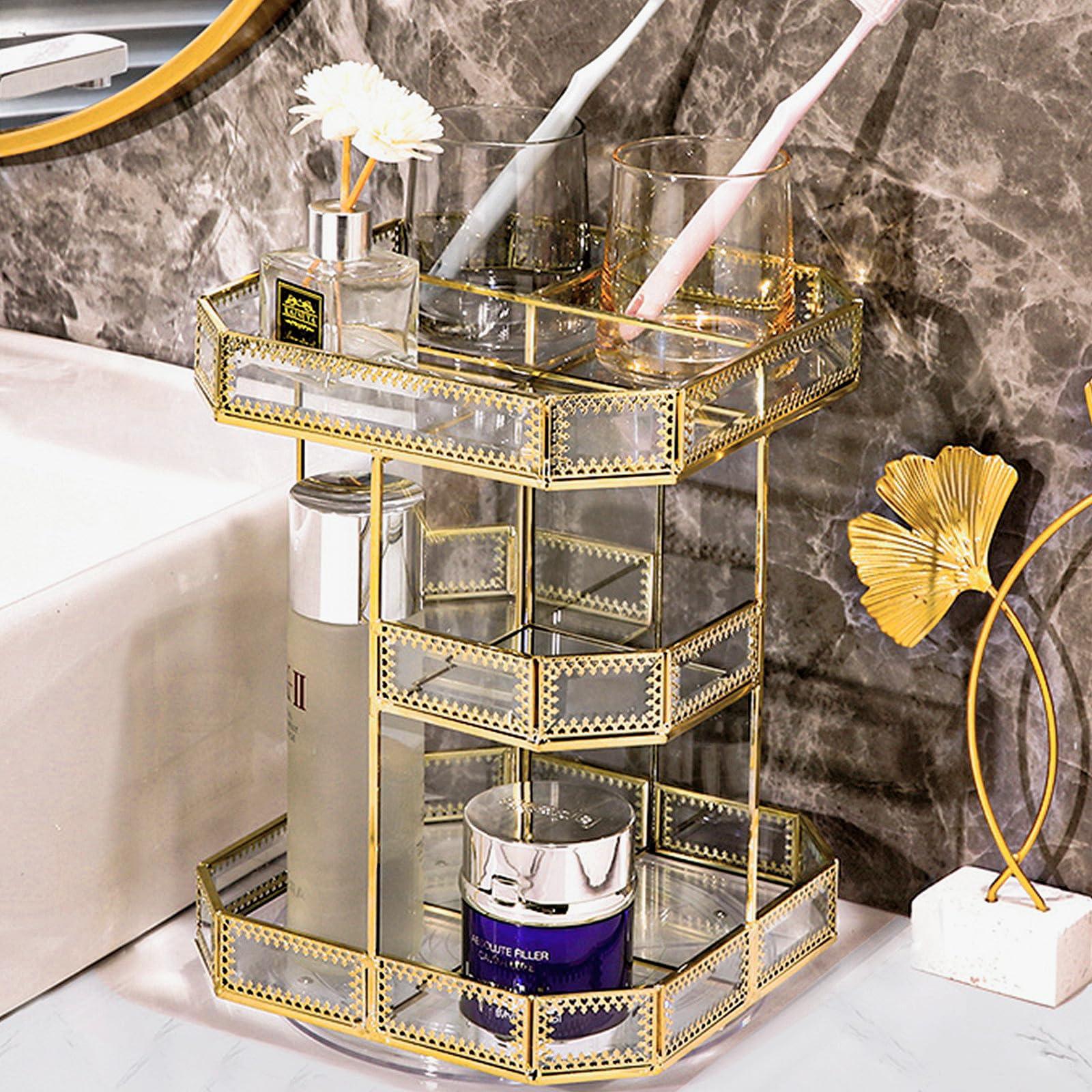 ZOOFOX ZOOFOX 360 Degree Rotating Glass Makeup Organizer, Large Cosmetics Storage Display Holder with Gold Trim for Vanity, Clear Makeup Carousel for Perfume, Cosmetics, Brushes, Lotion, Lipsticks