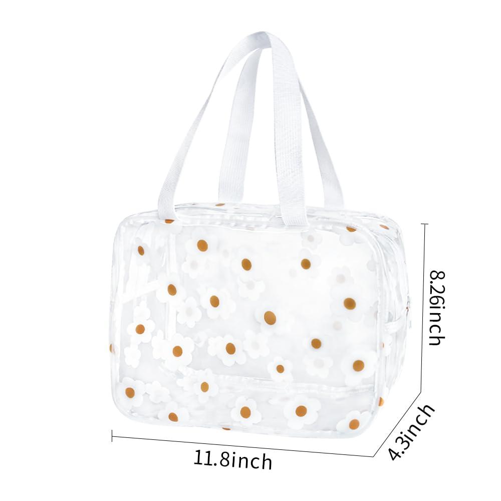 TotePrint TotePrint Clear Daisy Printed Cosmetic Bag and LargeTravel Pouch 11.81\'\'x4.33\'\'x8.27\'\' Size with Handle-Durable PVC Material,Versatile,Zipper Design for Makeup (White Floral#2-L)