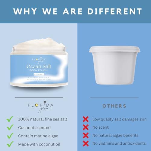 Florida Salt Scrubs Sea Salt Body Scrub by Florida Suncare - Ocean Salt Body Polish Infused with Marine Algae - Exfoliating Face and Body Scrub - Facial Scrub Exfoliator to Tackle Acne (Coconut, 3.3 oz)