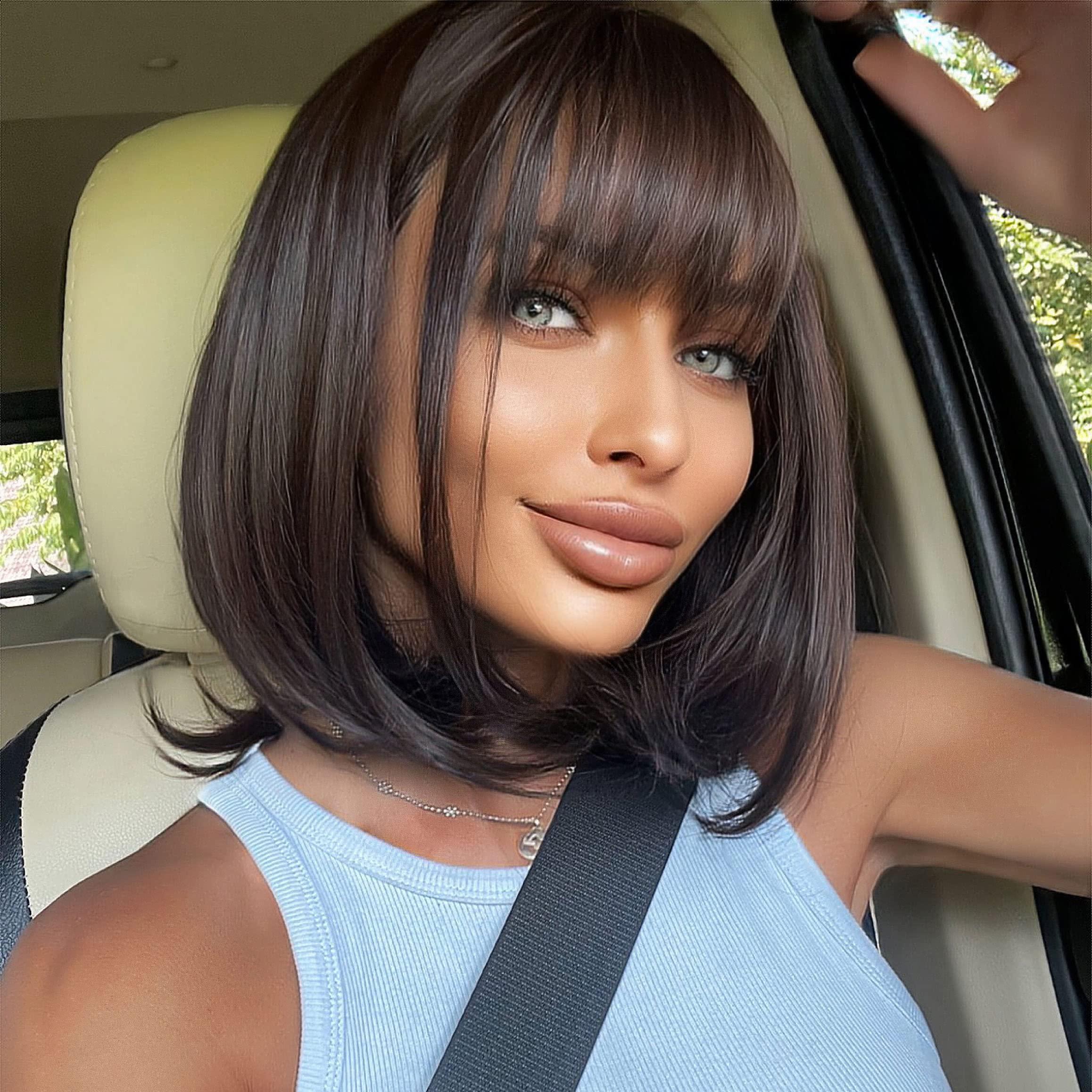 EMMOR EMMOR Dark Brown Bob Wigs for Women Shoulder Length Synthetic Wig with Fringe Bangs High Heat Resistant Wig(Dark Brown)