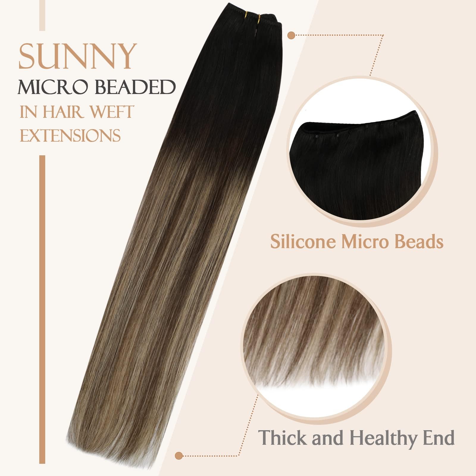 Sunny Hair Sunny Hair Beaded Weft Hair Extensions Human Hair 50G Micro Bead Weft Hair Extensions Real Human Hair Straight Weft Hair Extensions Easy Weft Natural Black to Dark Brown with Caramel Blonde 18inch