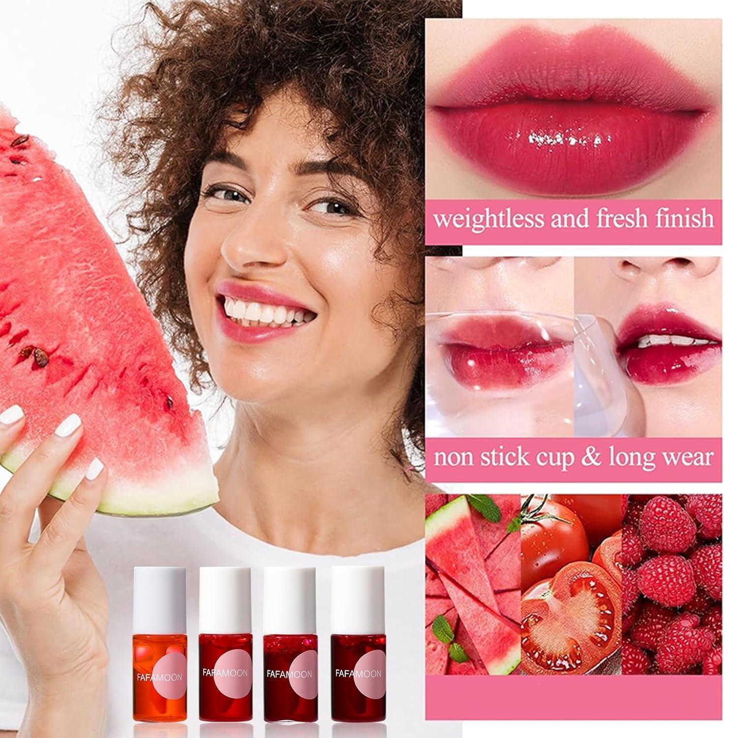 Krisuary Long Lasting Lip Gloss - 4 Colors Fruit Juice Lip Tint Set,Mini Liquid Water Tint,Waterproof Lip Stain,Multi-Use Lip And Cheek Tint,Non-Sticky Moisturizing Lip Stain (2 * 02#Strawberry)
