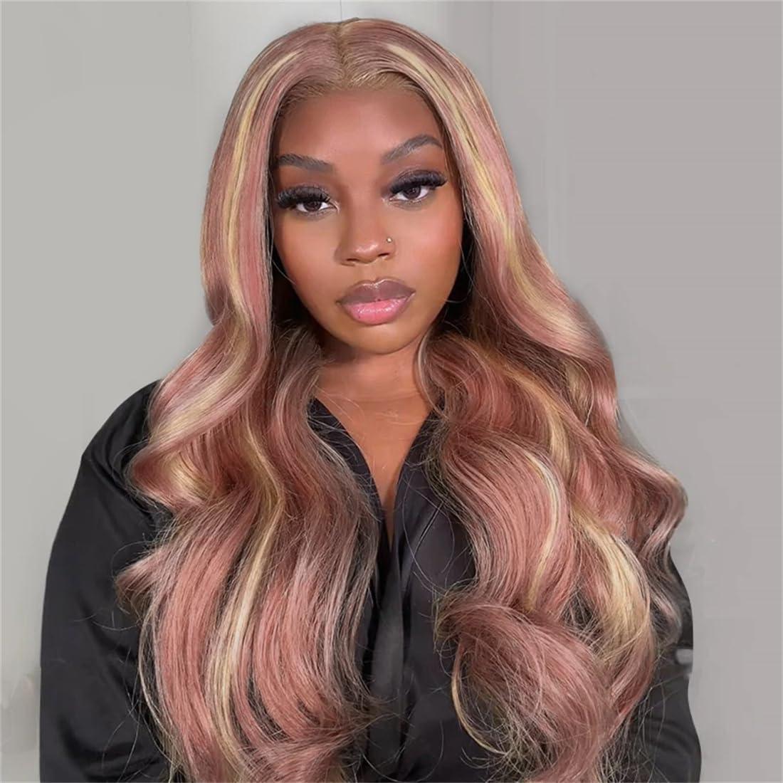 Rina Pink with Blonde Highlight Lace Front Wig Human Hair 200% Density Fuller Body Wave Rose Highlight Blonde 13x4 HD Lace Wig for Women Pre Plucked Pink Rose Highlight Blonde Human Hair Wig 26 Inch