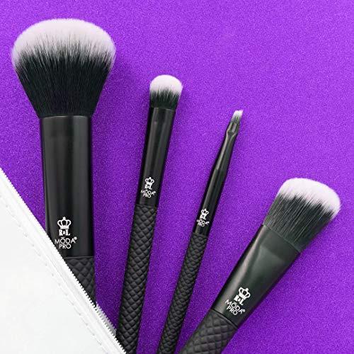 MODA MODA Pro Full Size Everyday 5pc Makeup Brush Set with Pouch, Includes - Multi-Purpose Powder, Angle Foundation, Domed Shadow, and Angle Eyeliner Brushes, Black