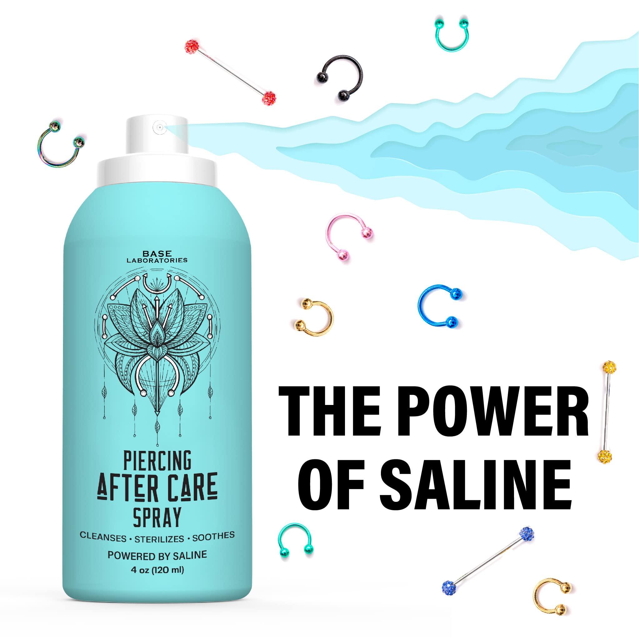 BASE LABORATORIES BASE LABORATORIES Piercing Aftercare Spray 4oz | Saline Spray for Piercings | Ear Piercing Cleaner | Saline Solution for Piercings | Keloid Bump Removal for Ears, Belly Nose Piercings - 2PK