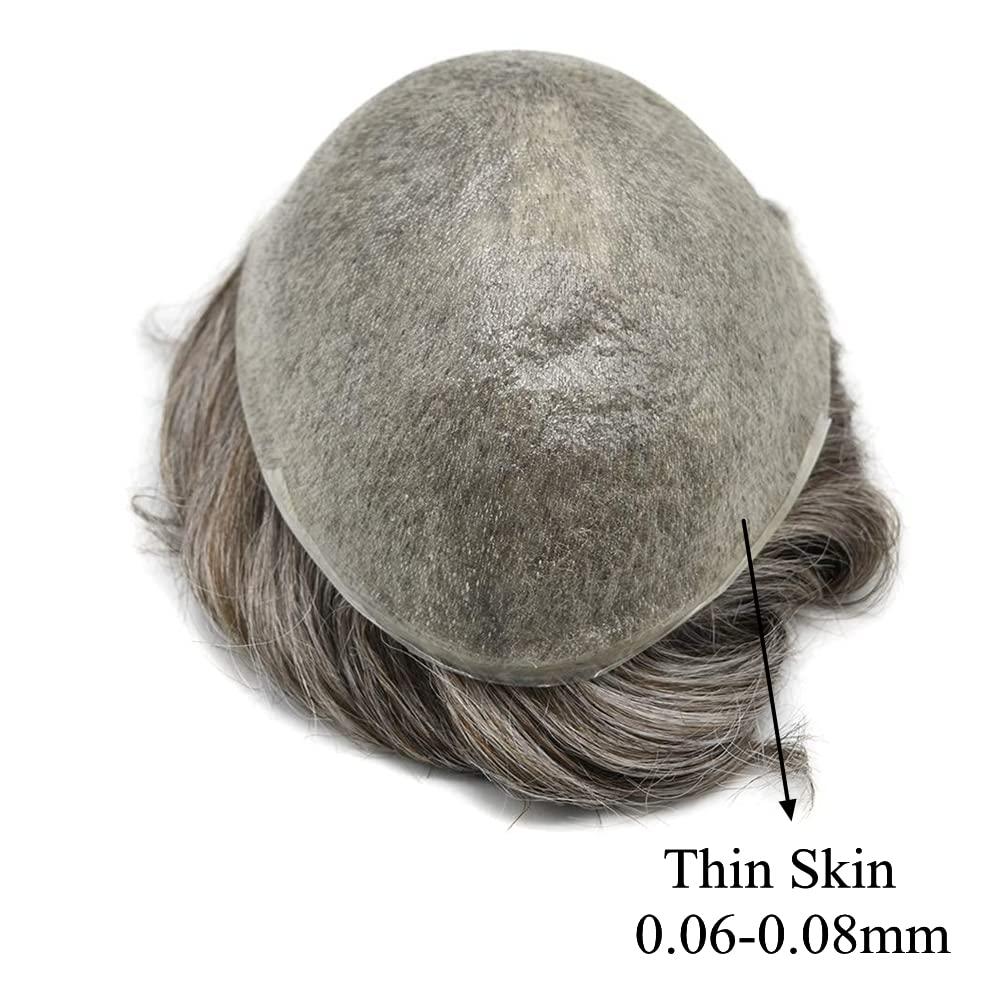 JUST HAIR PU Skin Toupee for Men European Human Hair Pieces for Men Hair Replacement System 10x8 Inch 0.06MM Ultra Thin Skin V-Looped Mens Toupee Hair Units (100% Density, 1B50# Natural Black With 50% Gray)
