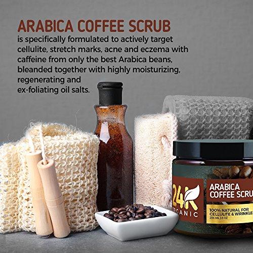 24K Organic 24K Organic Arabica Coffee Scrub, Contains Vitamin E. & Shea Butter, Therapy for Varicose Veins, Cellulite, Stretch Marks, Eczema and Acne, Deep Skin Exfoliator, 8 oz.