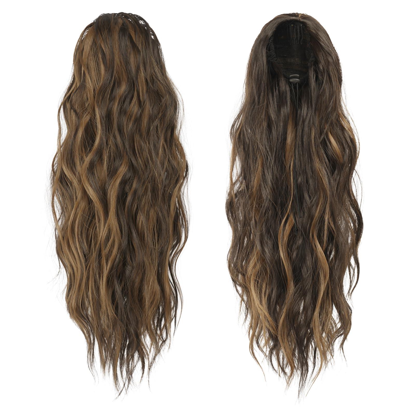 FESHFEN FESHFEN Ponytail Extensions, Drawstring Ponytails Hair Extension Black Brown Mix Golden Blond Long Curly Wavy Hair Piece Synthetic Pony Tail Hairpieces for Women, 18 inch