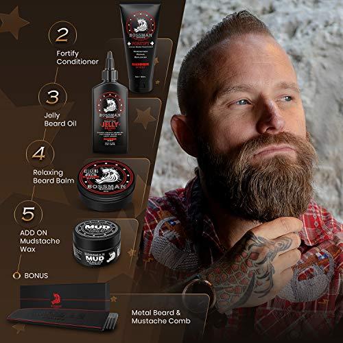 Bossman Bossman Complete Beard Kit - Men's Beard Oil Jelly, Fortify Shower Conditioner, Balm, Mustache Wax and Comb - Beard Softener, Growth, Care and Grooming Products Kit (Hammer)