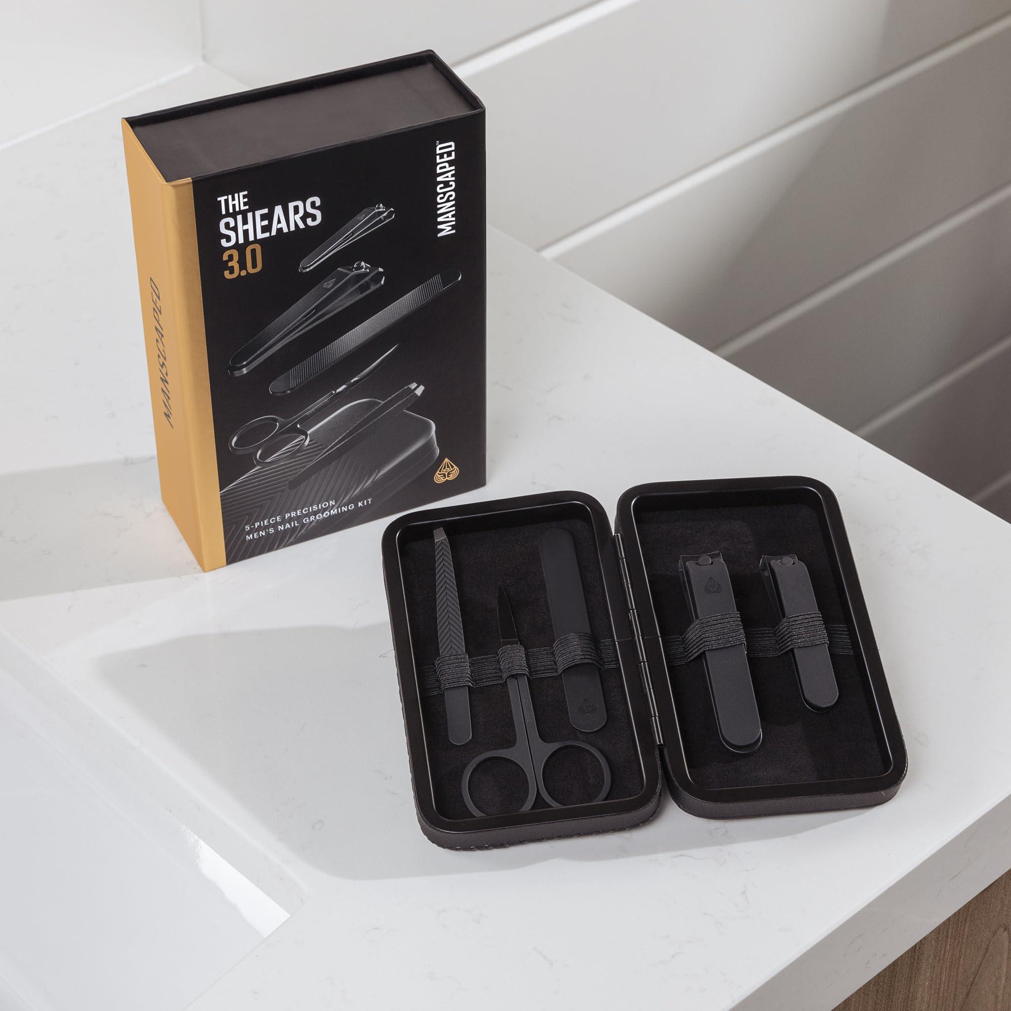 MANSCAPED MANSCAPED Shears 3.0, 5-Piece Precision Mens Nail Grooming Travel Kit, Stainless Steel Manicure Set with Fingernail & Toenail Clippers, Nail File, Slant Tip Tweezers, Cuticle Scissors, Travel Case
