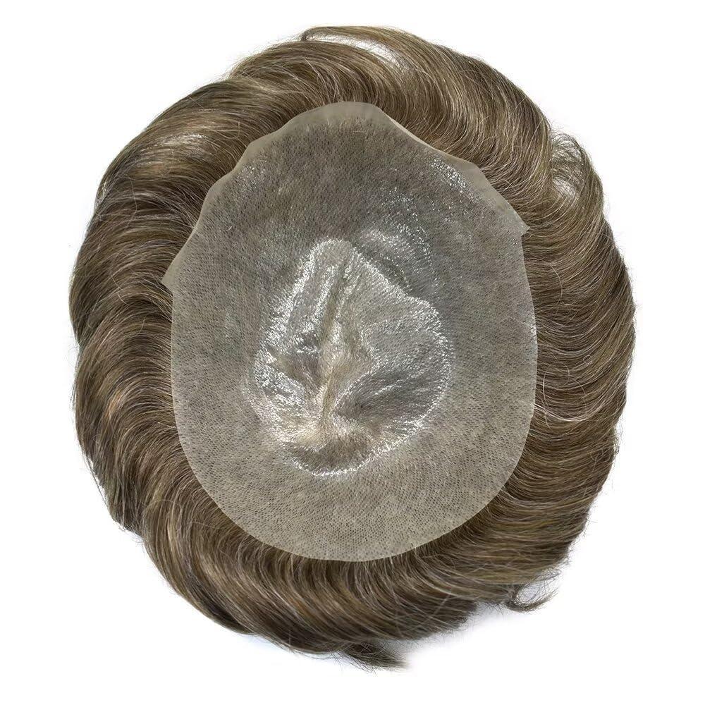SINGA HAIR Toupee for Men Ultra Thin Skin Mens Hair System Soft Human Hair piece 0.04mm Invisible Mens Toupee All V-loop Skin PU Men Hair Unit Mens Hair Replacement6X8\"-100%density#540 Medium Light Brown+40%Gray