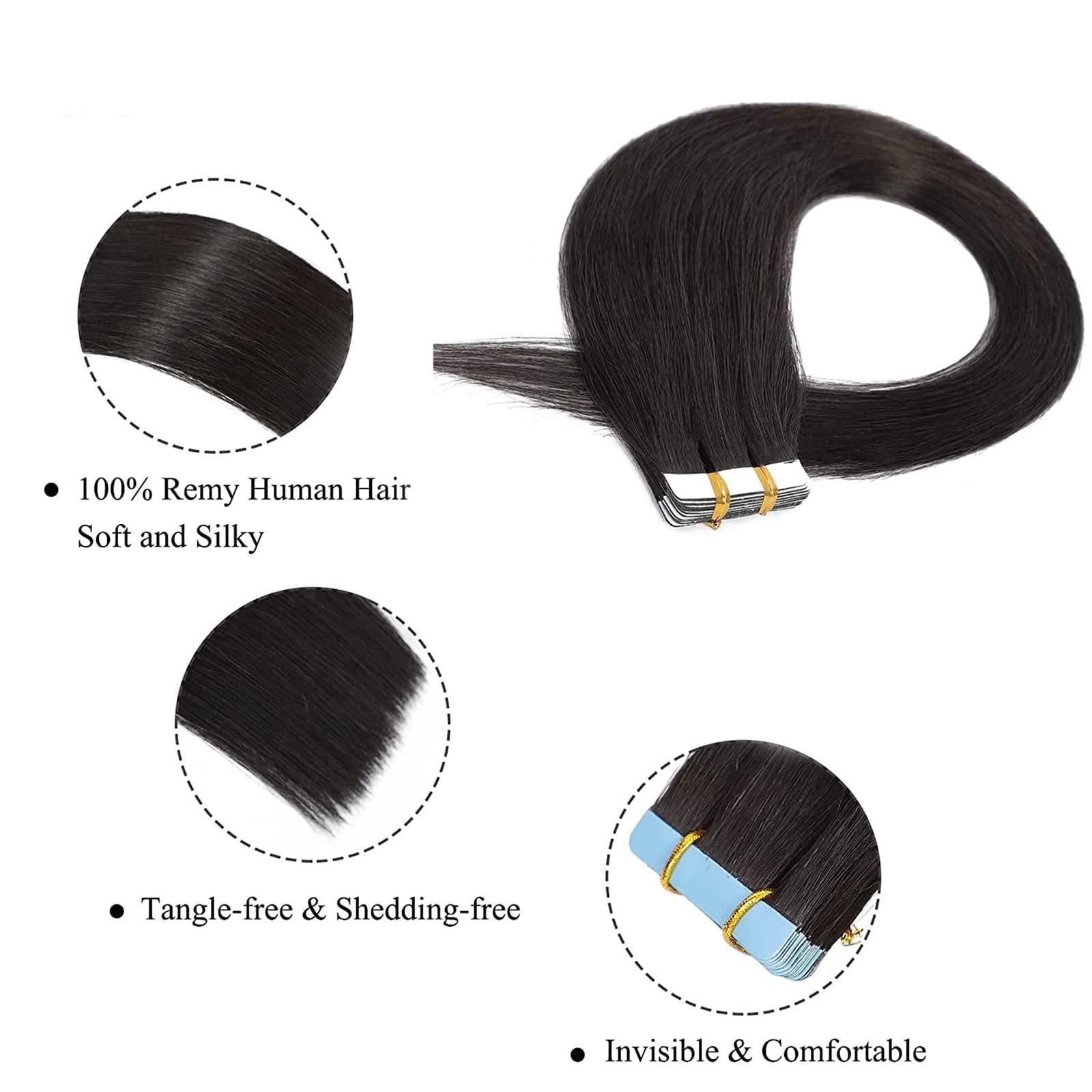 BDBD Tape in Hair Extensions Human Hair, 40Pcs/100G Straight Remy Hair Extensions, Seamless Tape Extensions for Women,Natural black,22in
