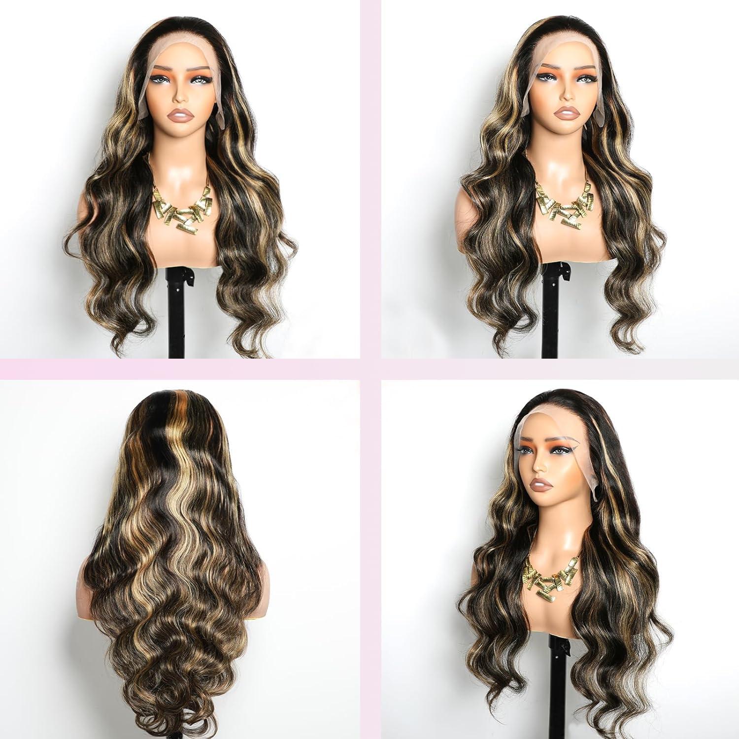 PDTBO PDTBO 34 Inch Ombre Lace Front Wig Human Hair Pre Plucked 1B/27 Highlight 13x4 Lace Front Wig Human Hair 180% Density HD Lace Frontal Wigs for Black Women Human Hair