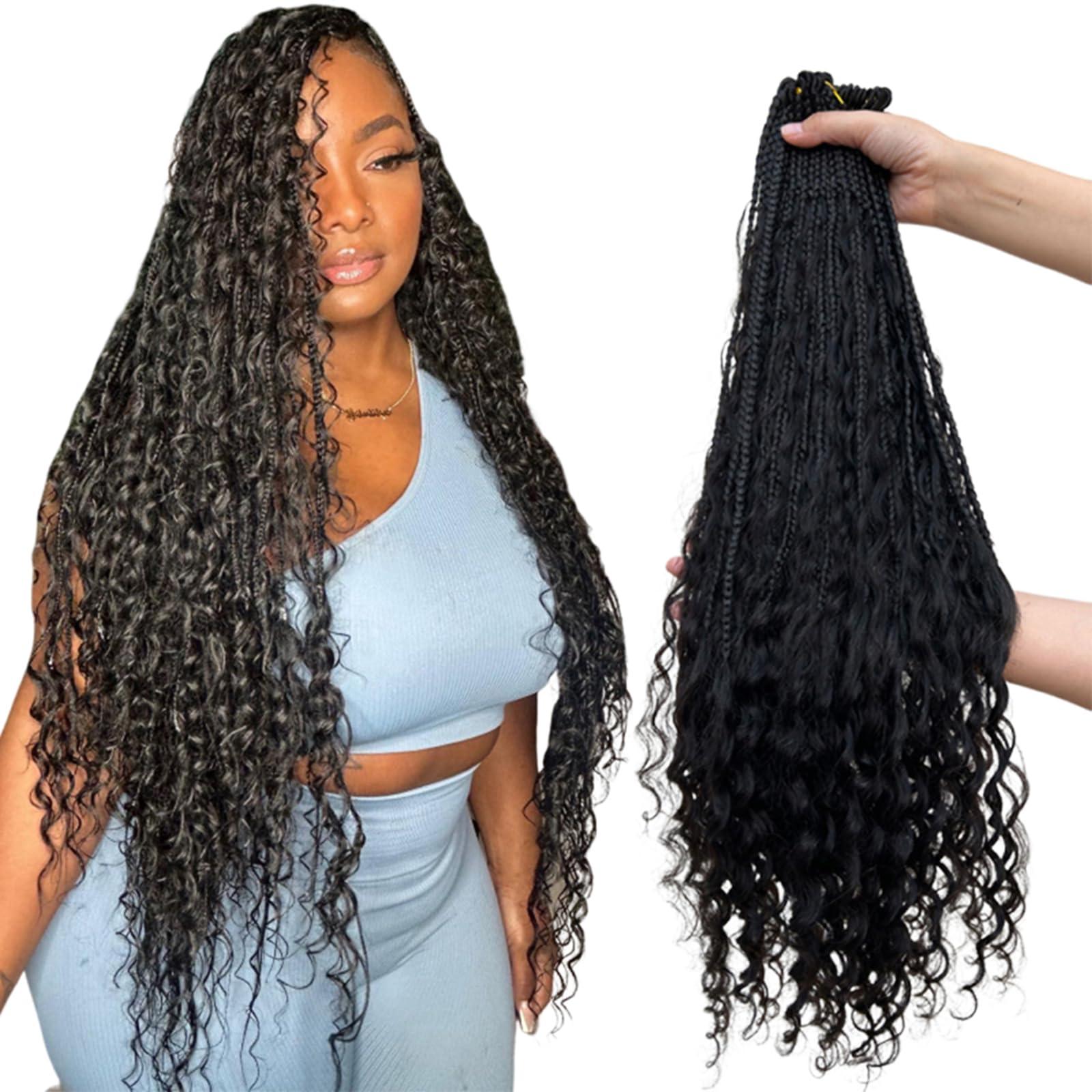 CHARMING YOU Boho Box Braids Crochet With Human Hair Curls Synthetic Braiding Pre-looped Goddess Hair Extensions Boho Knotless Braids for Women 18 Inch 40Strands