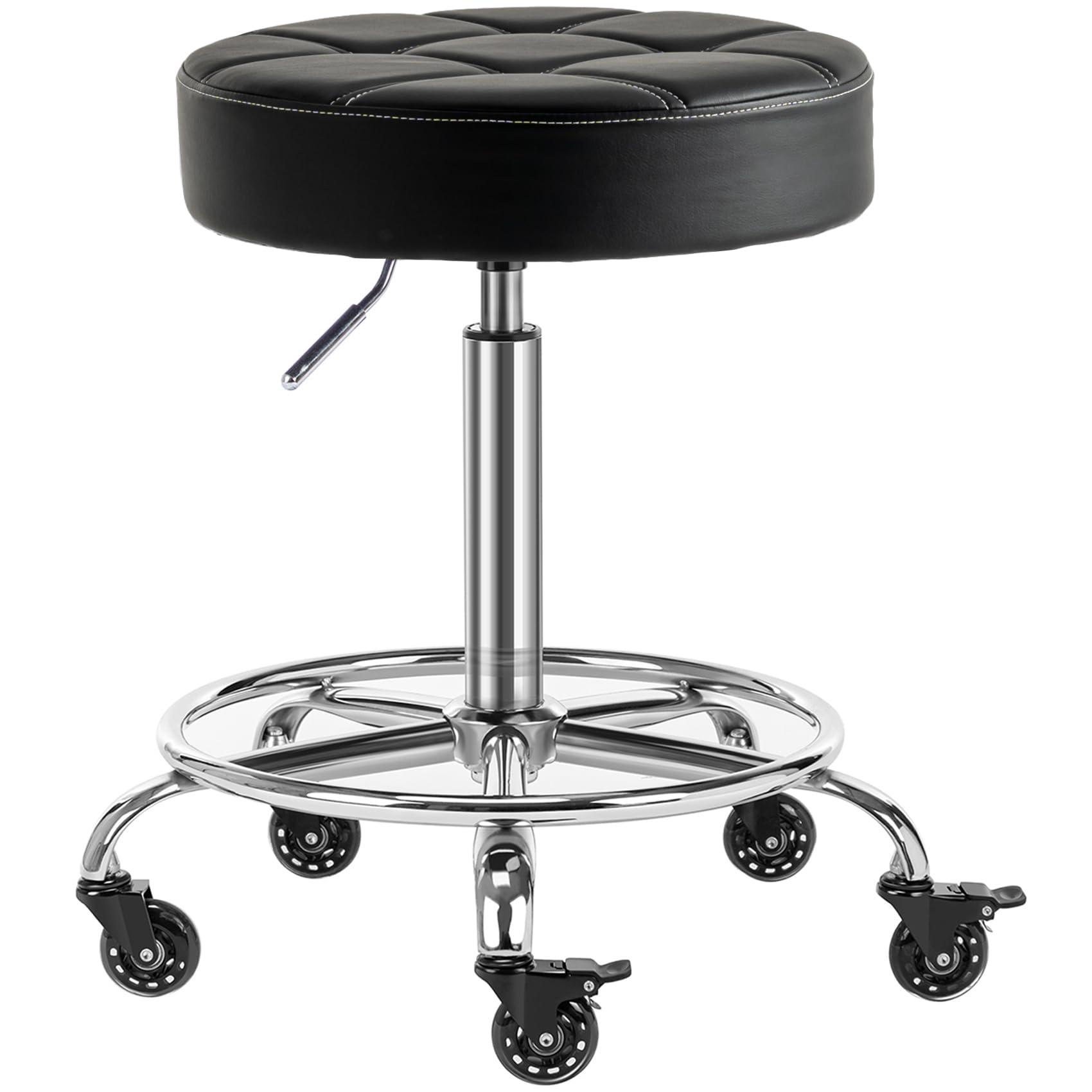 CoVibrant CoVibrant Heavy Duty Adjustable Rolling Stool with Noiseless Wheels, Dual Brakes, Footrest & Swivel - 20"-27" Height - for Kitchen, Medical, Salon, Tattoo, Office, Home (Black)