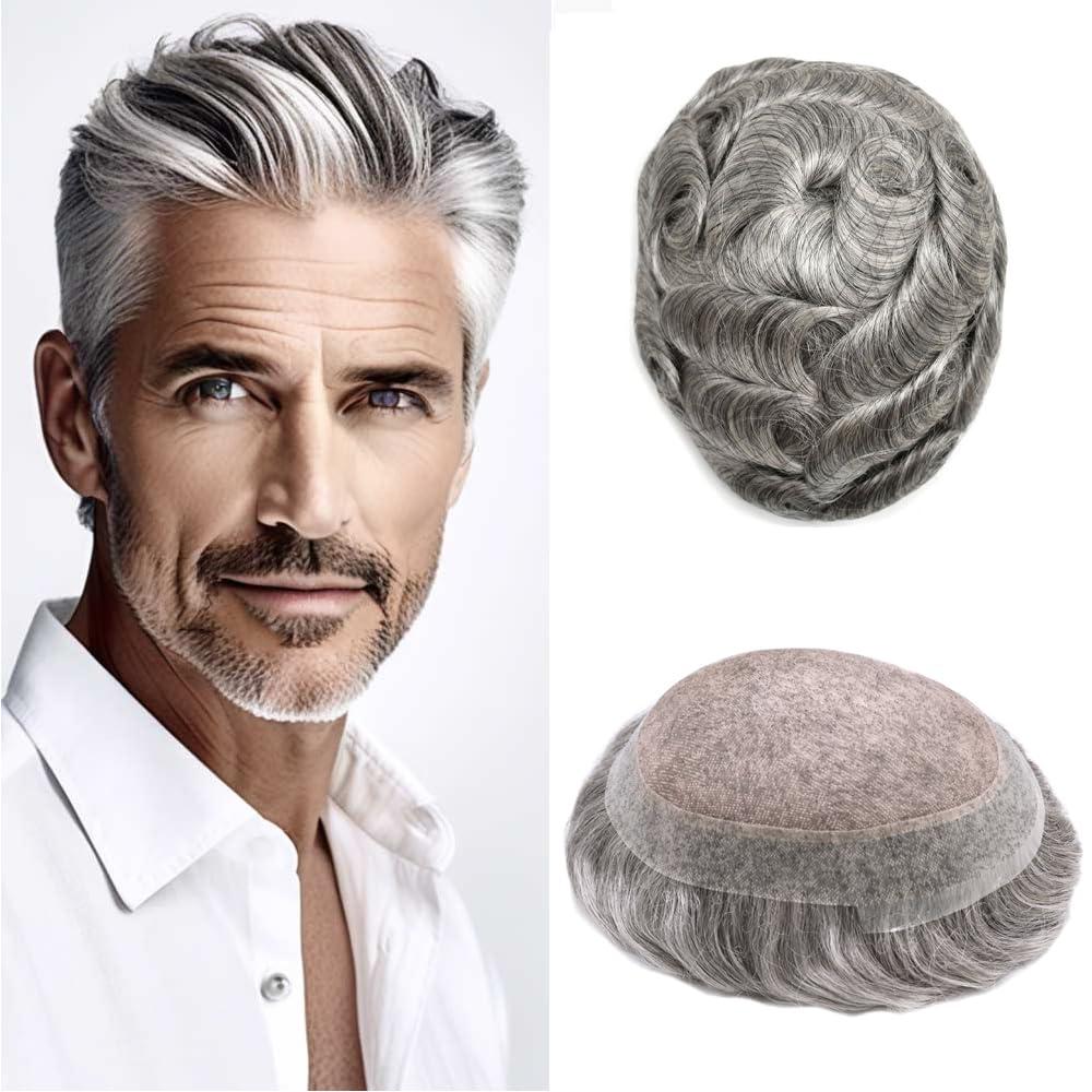 LYRICAL HAIR Toupee for Men Hair System Replacement Mens Human Hair Piece Fine Mono Mens Toupee Clear Poly Skin Around Hairpiece Monofilament Wig 6\"X8\" #1B80 Off Black+80% Gray-110% Light to Medium Density