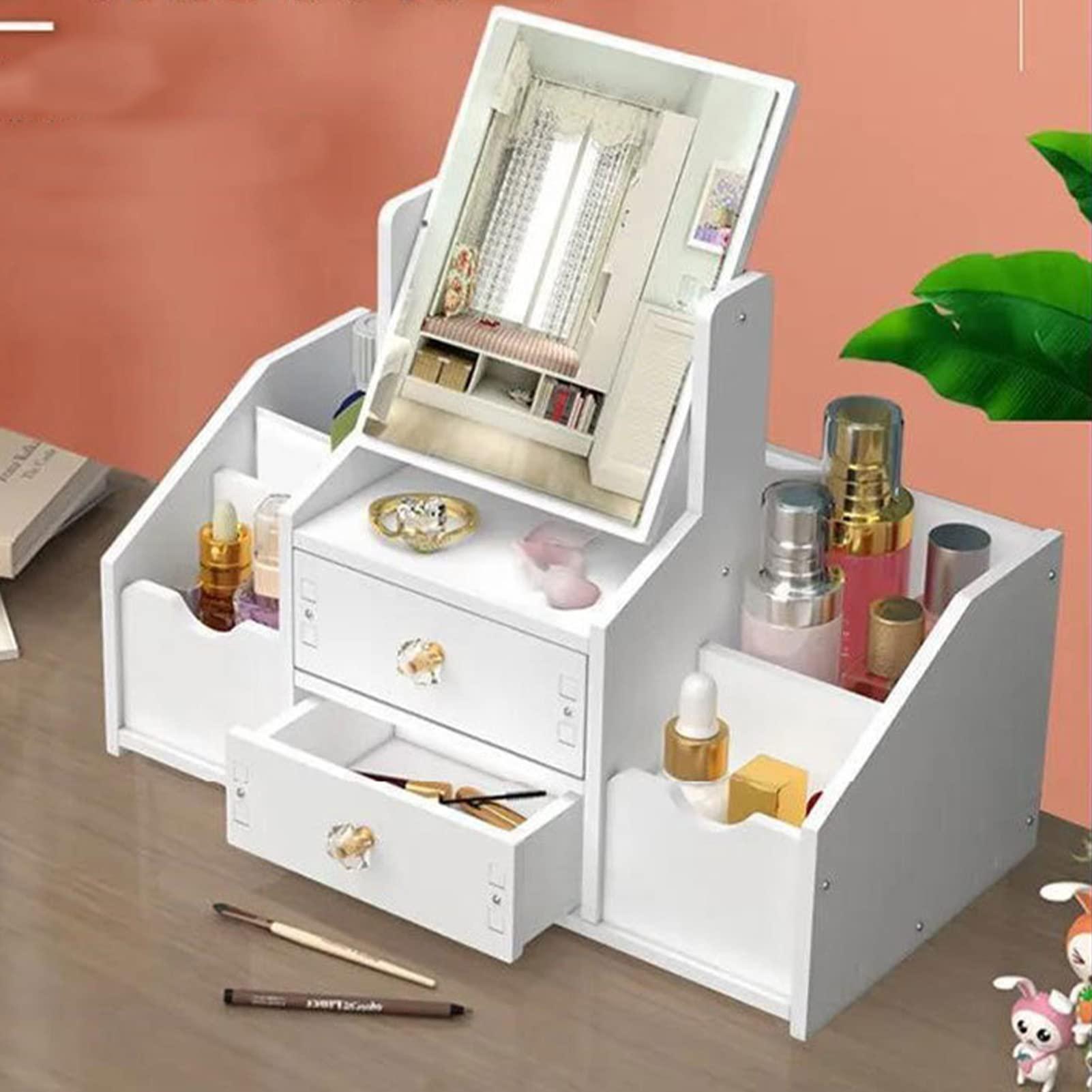 Cyrank Drawer Makeup Organizer for Vanity, Large Capacity Cosmetic Makeup Drawer Organizer White Cosmetic Storage Drawer Desktop Makeup Container with Mirror