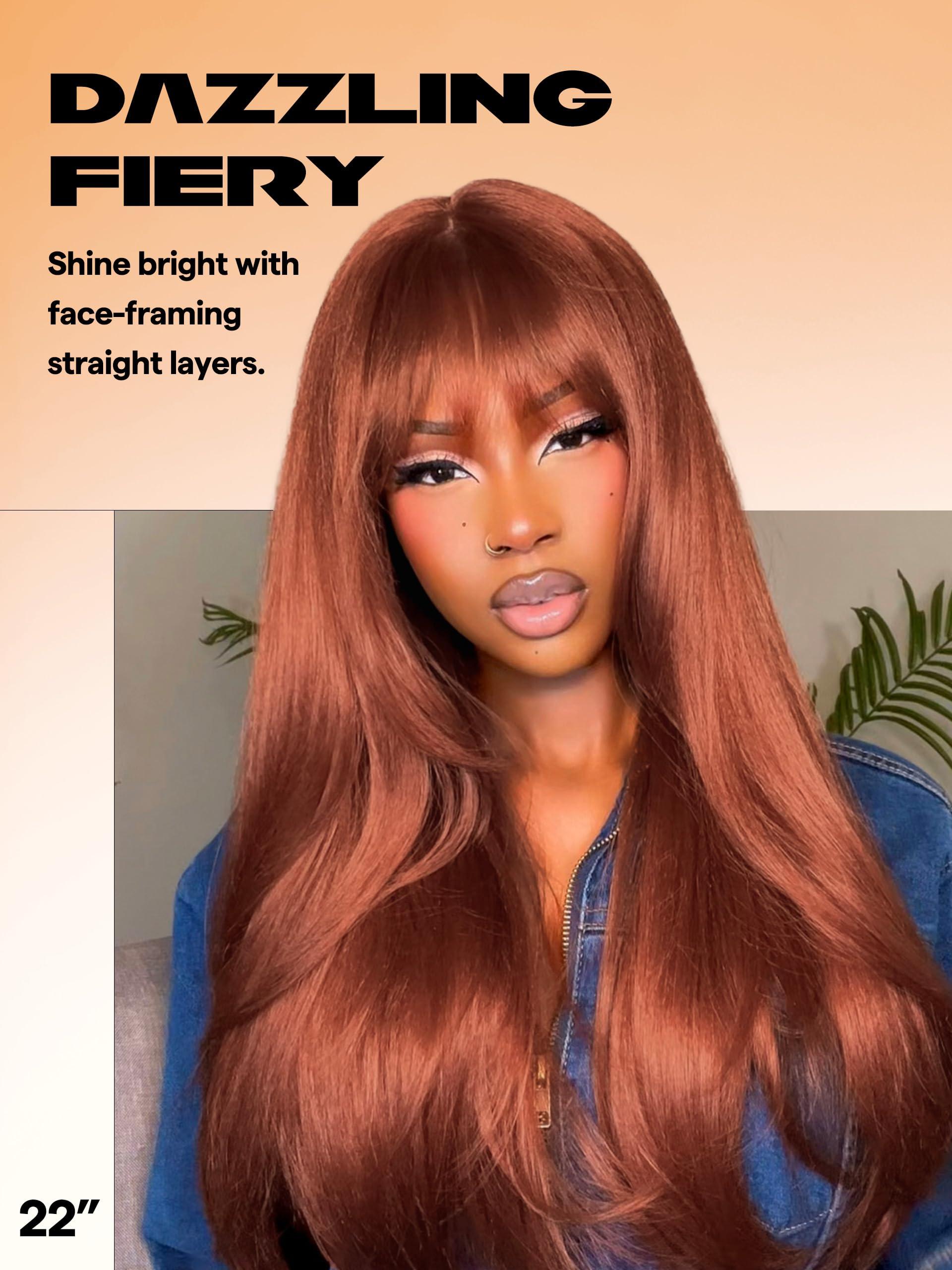 GORGIUS GORGIUS Copper Red Wig with Bangs 24 Inch Long Straight Layered Wig Glueless Curtain Bang Wig with Realistic Lace Scalp Put On & Go Bangs Wig For Beginner