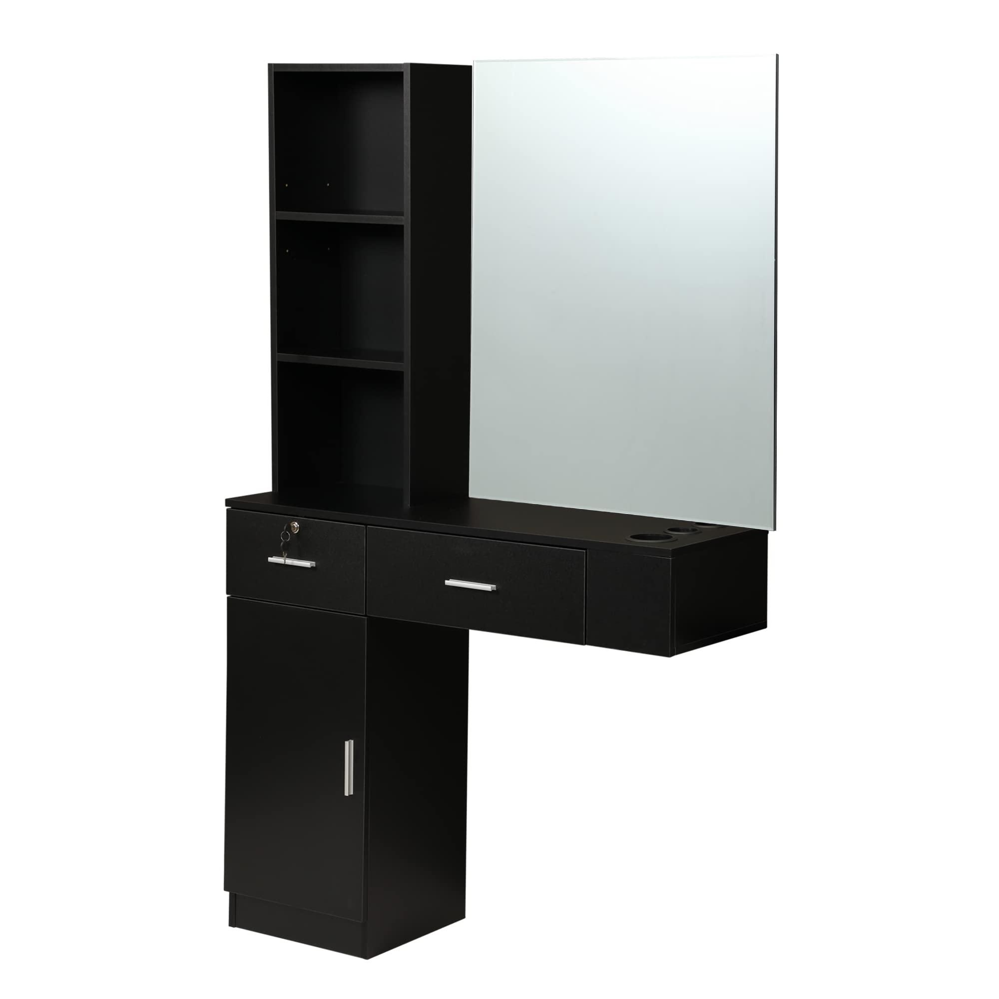 RESHABLE RESHABLE Wall Mount Salon Station with Mirror, Beauty Salon Barber Spa Equipment with Mirror, Shelves, Cabinet, Locking Drawers, Table, Standing Hair Styling Furniture, Black