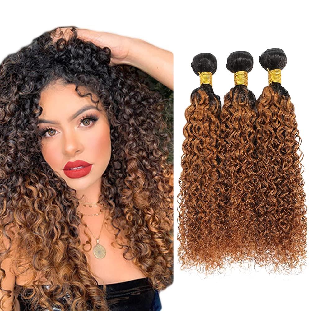 LadrXadr 1B/30 Kinky Curly Bundles Ombre Brown Human Hair Bundles Mixed Length 3 Bundles 20 22 24 Inch Two Tone Black and Brown Bundle Ombre Kinky Curly Bundles Hair Extensions for Women