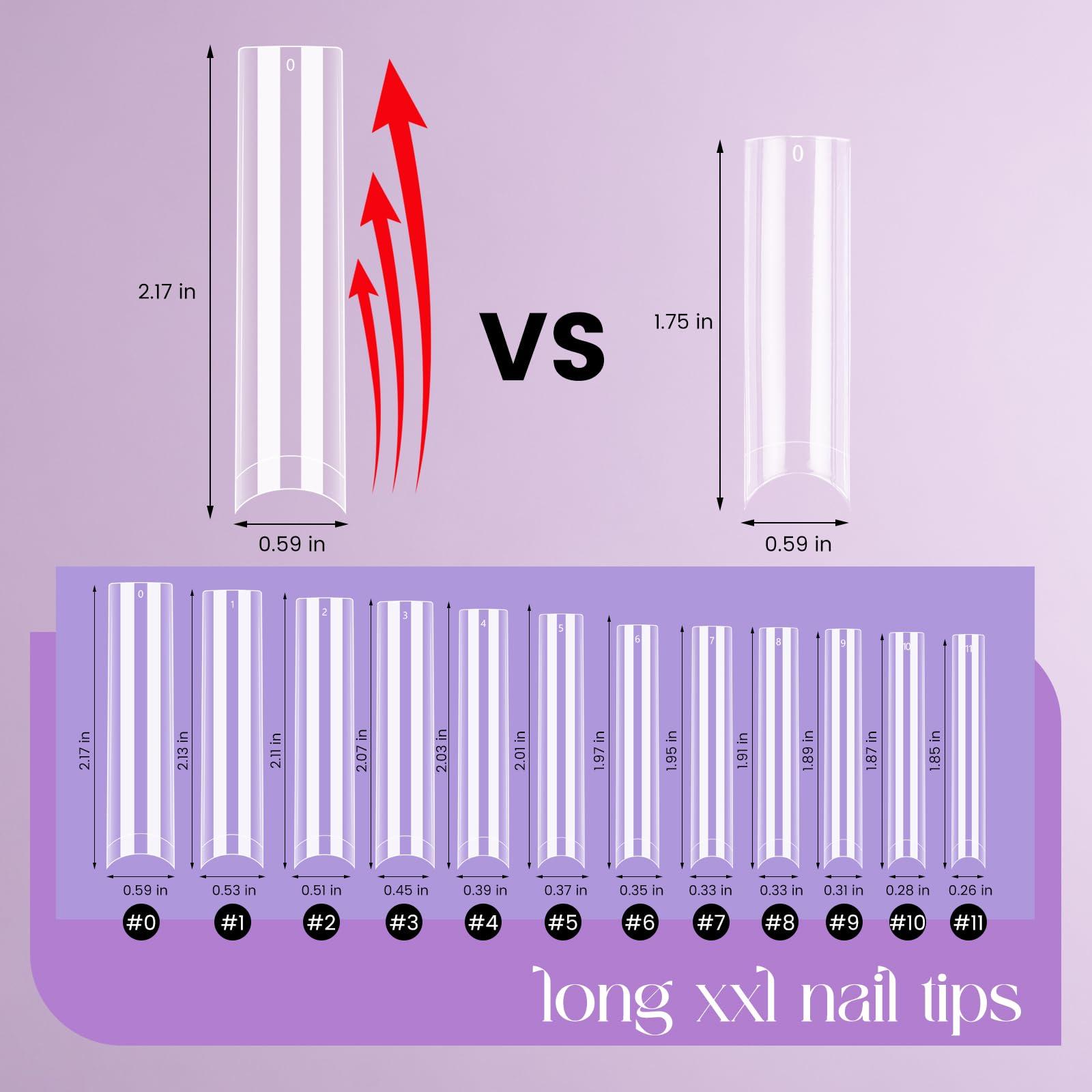 Quaferen Quaferen 504Pcs Clear No C Curve Nail Tips for Acrylic Nails Professional, 3XL Extra Long Tapered Square Straight Acrylic Nail Tips, Half Cover No Crease Nail Extension Tips False Nails for Nail Art