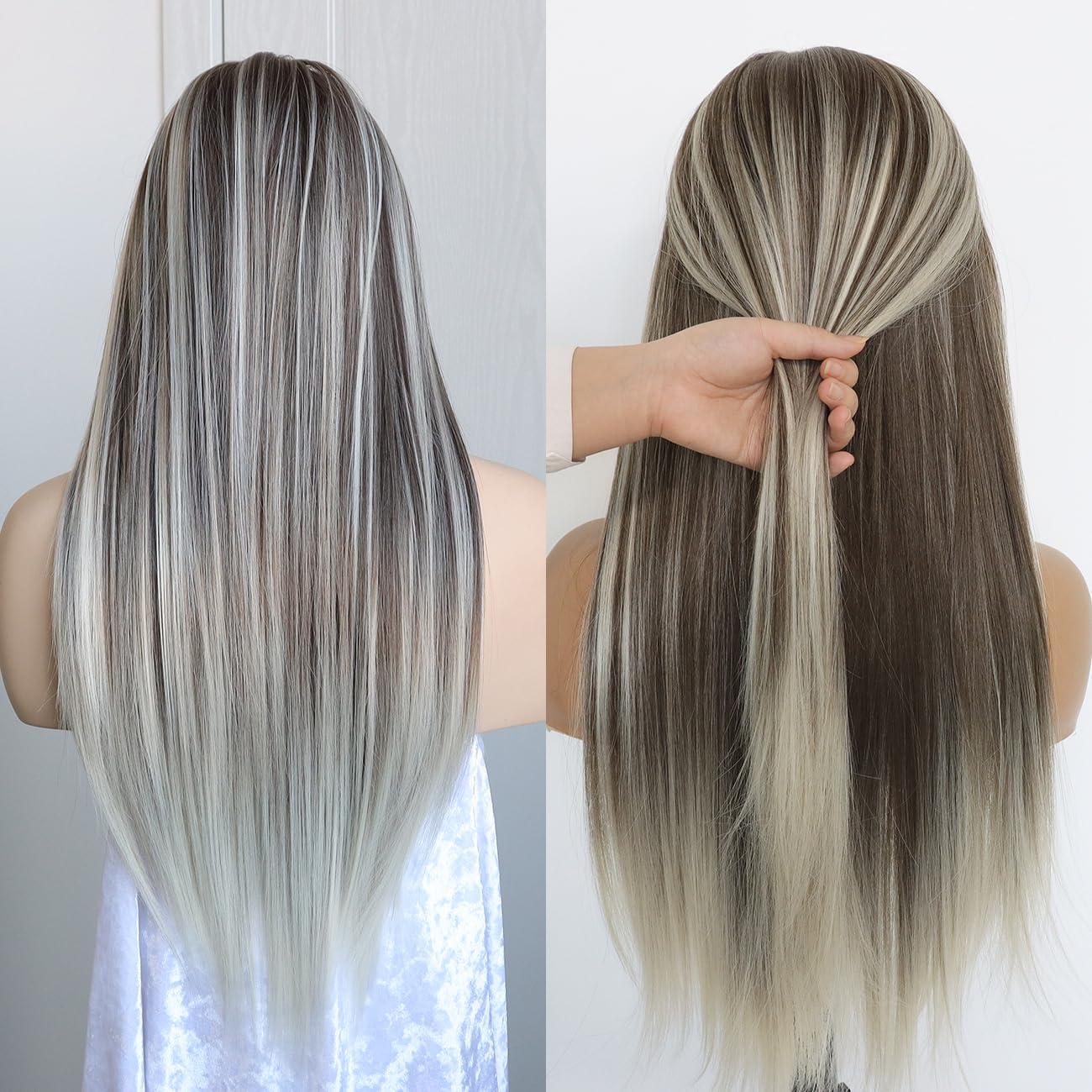 K\'ryssma K\'ryssma 13x6 Wig Highlight Ombre Brown and Platinum Blonde Synthetic Lace Front Wigs for Women with 6 Inch Deep Part Glueless Long Straight 13x6 Lace Front Wig Pre Plucked 24 Inches