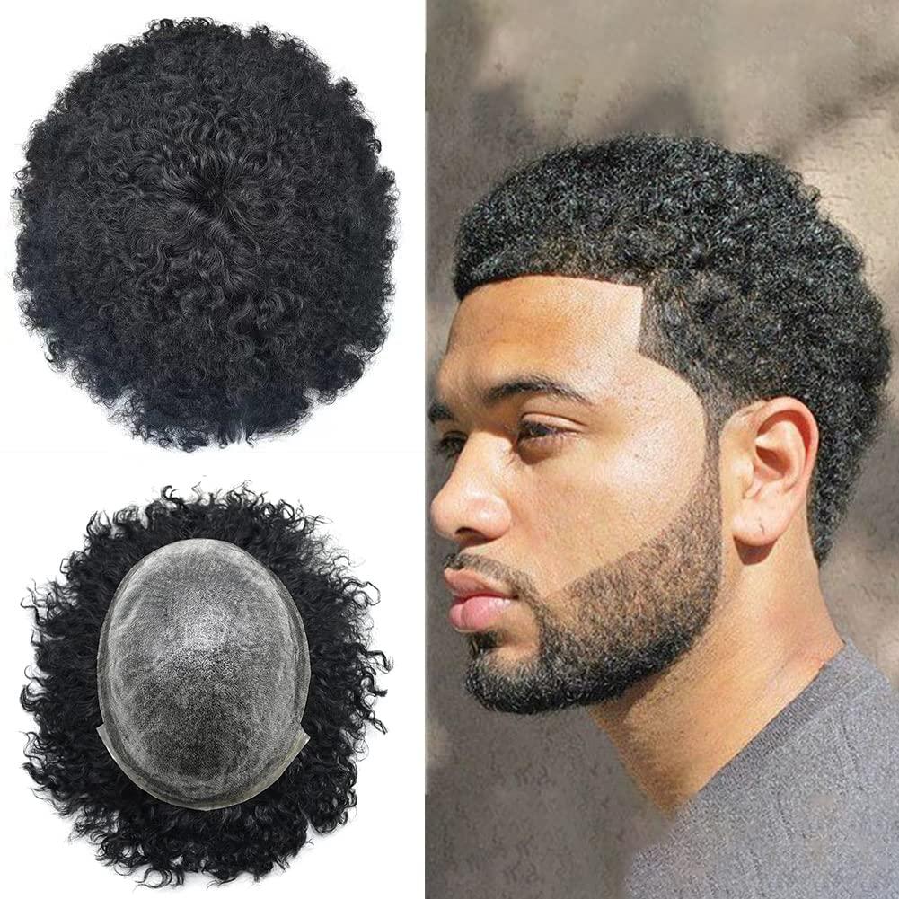 Hair Wonders Afro Toupee for Black Men Soft Full Poly African American Men Toupee Kinky Curly Brazilian Human Hair Pieces Man Weave Hair Unit Black Men 8x10 inch Hair Units for Black Men 1# JET BLACK 12mm wave