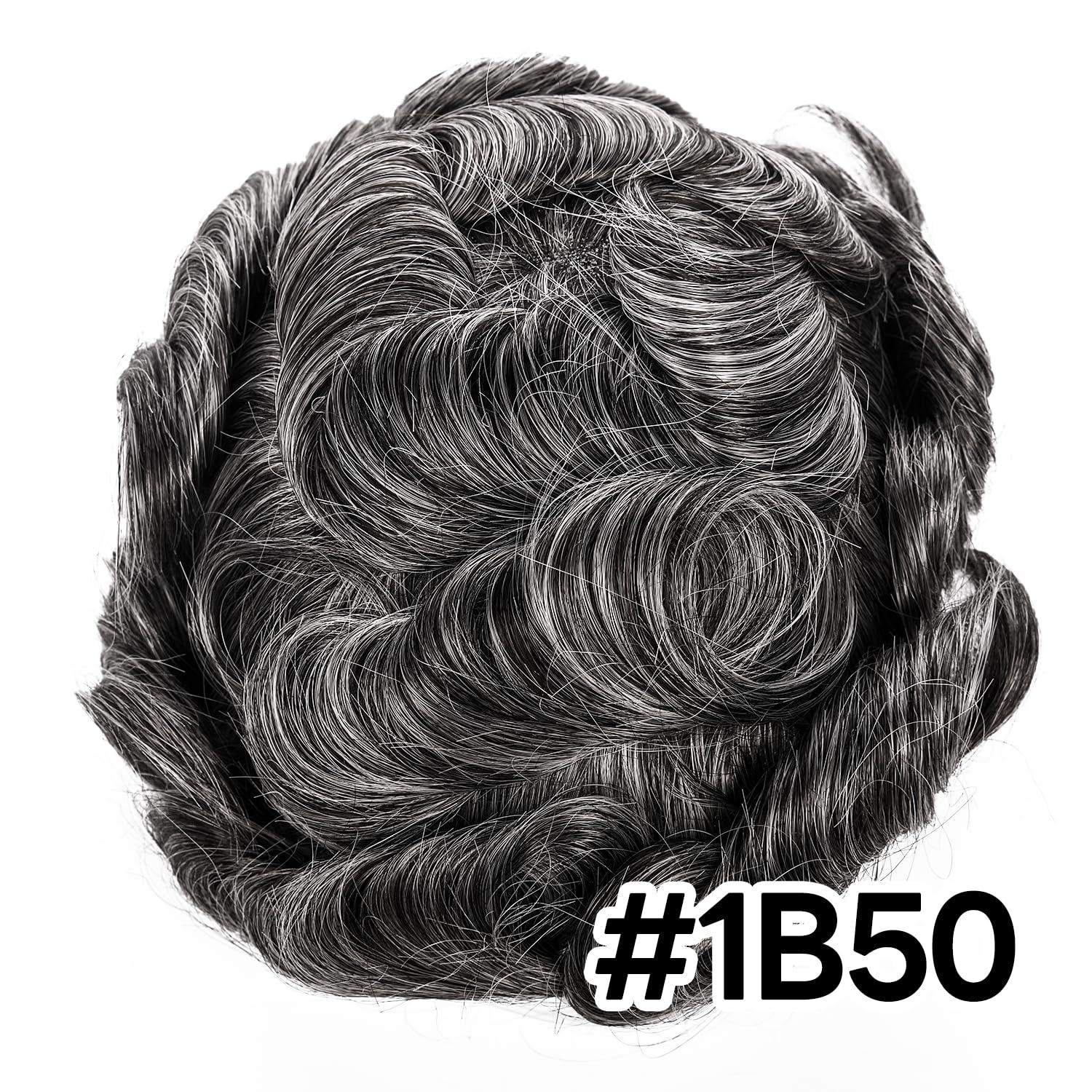 Blayzehair Men Toupee Hair System Ultra Thin Skin Hair Piece European Human Hair Replacement 0.02-0.10MM V-LOOP Toupee For Men. (1B50# Off Black with 50% Synthetic Grey, 8x10\"-0.08MM-0.10MM V-LOOP)