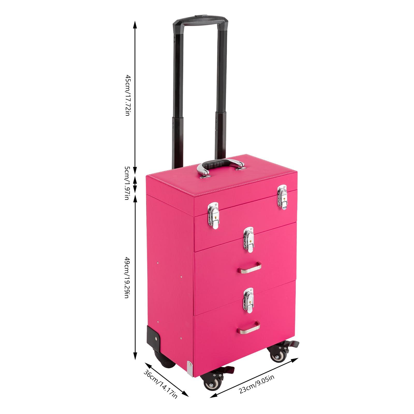 DCEHKR DCEHKR Rolling Makeup Train Case 3 Trays Cosmetology Case On Wheels Large Makeup Trolley Case Suitable for Anyone Who Loves Beauty or Nail Art/Ships in the USA (Pink)