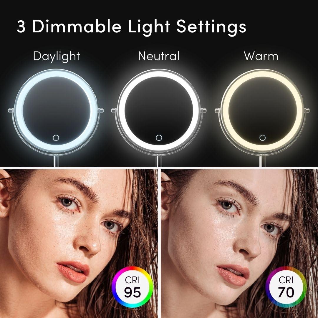 Fancii Fancii 8 Inch Lighted Makeup Mirror with Magnification, 10X /1X - Height Adjustable, Rechargeable, Double Sided LED Vanity Mirror with Light and Stand, 360 Swivel (Hailey)