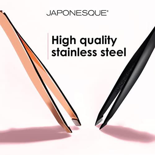 JAPONESQUE JAPONESQUE Pointed-Slant & Slant Tweezers, 2 Pack for Eyebrow Grooming, Facial Hair Removal, Rose Gold and Black, Stainless Steel