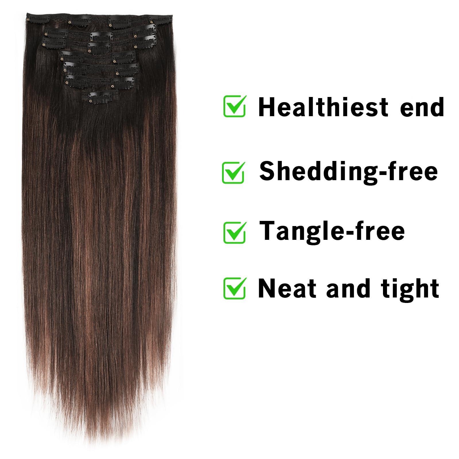 LOVRIO Lovrio Yaki Straight Clip in Human Hair Two Tone Rooted Black to Natural Black #1B Mixed With Chocolate Brown #4 Light Yaki Clip in Remy Human Hair for Black Women Yaki Hair 20 Inch 120G