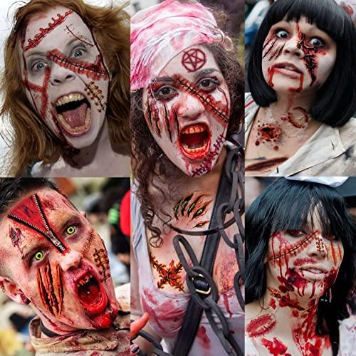 JOEHAPY JOEHAPY 435+ PCS 50 Sheets Halloween Fake Scar Tattoos Sticker, 3D Chucky Stitches Tattoo For Women Men Adult Kids Boys Girls, Fake Blood Wound Cut Zombie Tattoos Halloween Face Makeup Kit Set Decals