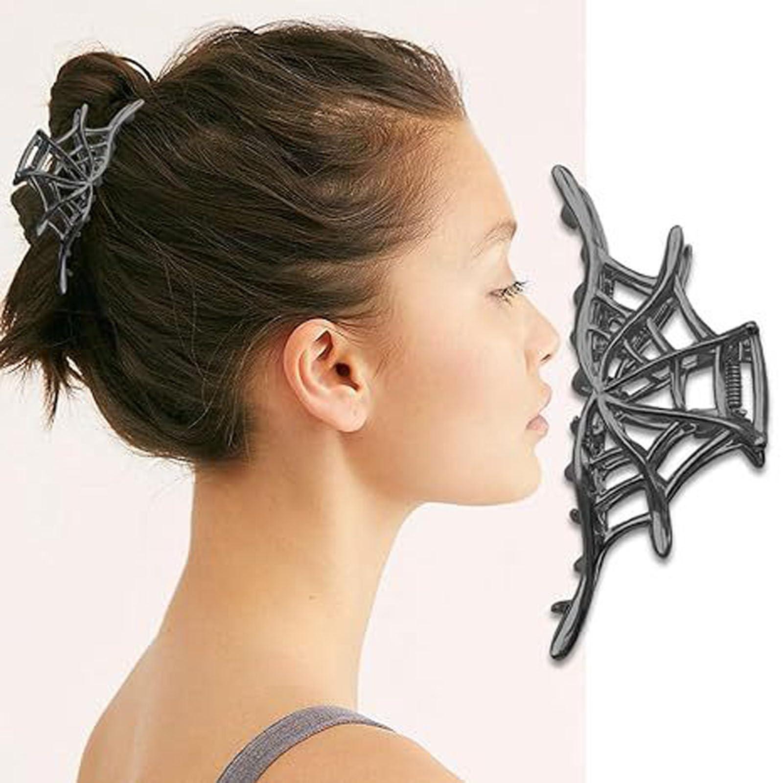 DUJUAN 1pcs Black Cobweb Hair Clips - Halloween Metal Spider Claw Clips Medium Gun Black Alloy Cobweb Designs Shark Hair Claw Clips Strong Spring Halloween Hair Accessories for Adult