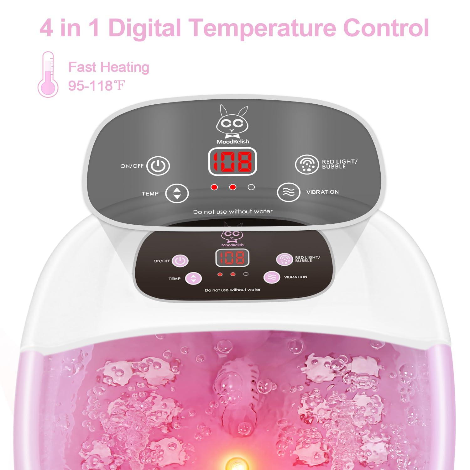 MoodRelish Foot Spa Bath Massager with Heat Bubbles and Vibration Massage and Jets, 16 OZ Calming Lavender Foot Soak Epsom Salt, Foot Soaker with Red Light, 22 Massage Rollers, Adjustable Temp - Pink
