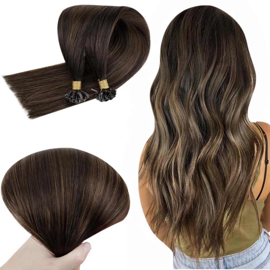RUNATURE RUANTURE U Tip Hair Extensions Real Human Hair Ombre U Tip Hair Extensions Human Hair Balayage Dark Brown to Ash Brown Utip Keratin Hair Extensions Human Hair 14 Inch Short Hair 50g 50s