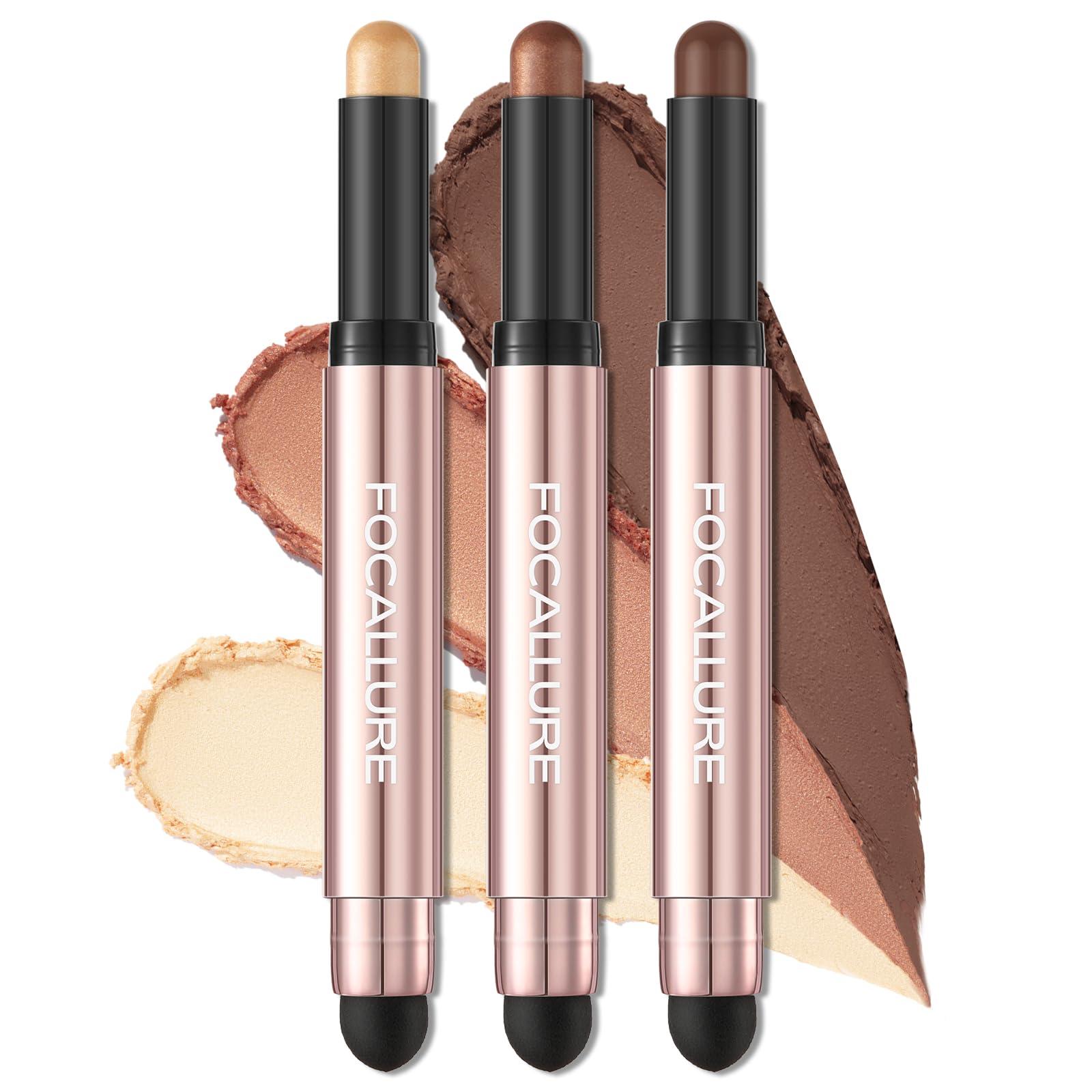 FOCALLURE FOCALLURE 3 Pcs No Crease Eyeshadow Sticks,Shimmer & Matte Eye Shadow Crayon with Blending Brush,Smooth Cream Highlighter Pen,Long Lasting Eyeshadow Brightener Stick Makeup,the West Coast