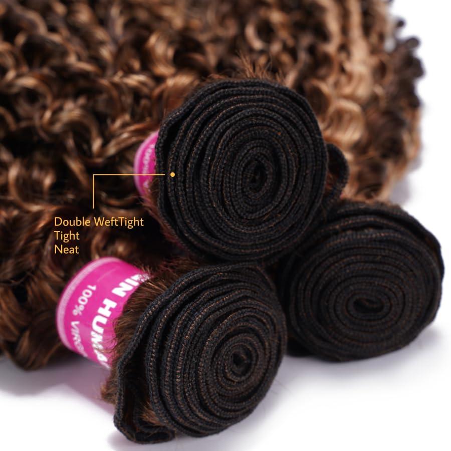 Sunber Sunber Human Hair Bundle Honey Blonde Highlight Curly Human Hair Weave Bundle 12A Brazilian Remy TL412 Highlights Balayage Color 14\"Inch Human Hair Weave Sew in Extension