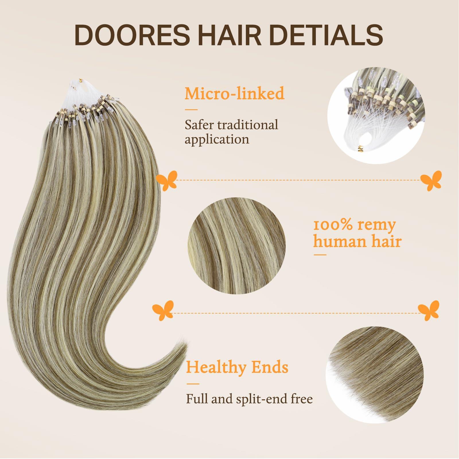 DOORES DOORES Hair Extensions Micro Link Hair Extensions Human Hair Virgin Hair, Ash Brown to Platinum Blonde 14 Inch 50g/50s, Micro Link Hair Extensions Short Human Hair