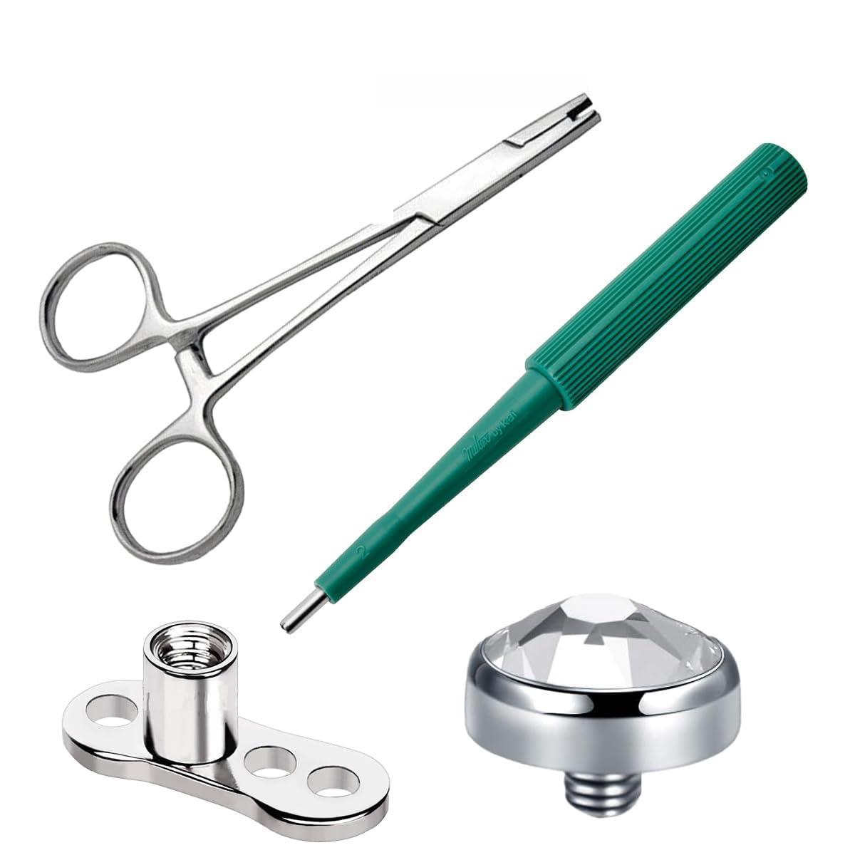 Satix Satix 4PCS Dermal Piercing Kit, 14G Dermal Tops 4mm CZ, Dermal Base 2mm Raise, Dermal Punch 2mm, Micro Dermal Anchor Tube Insertion Hemostat Forceps 6\" for Surface Skin Piercing Jewelry