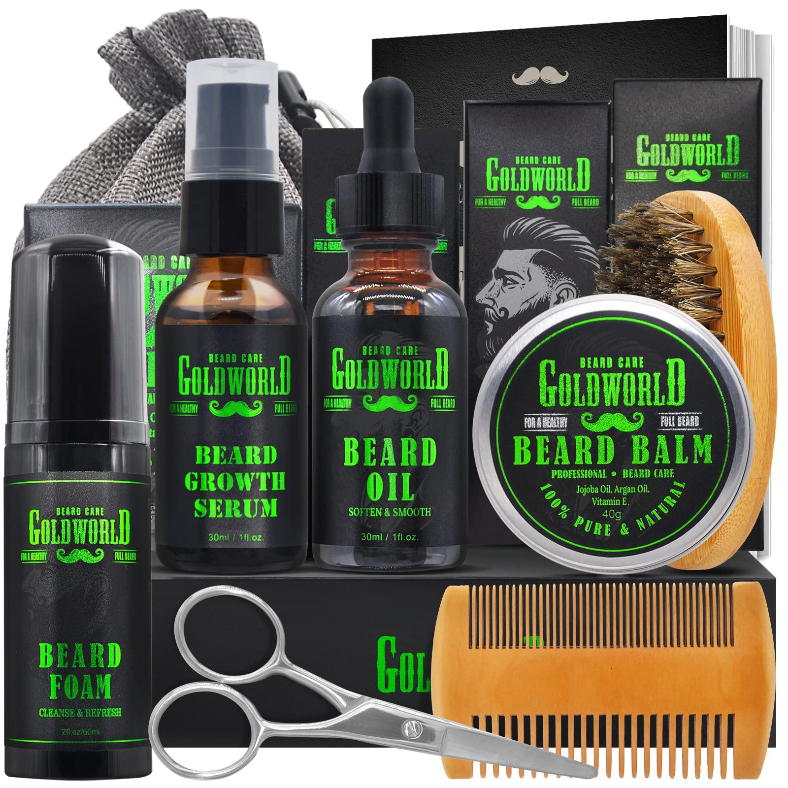 GoldWorld Beard Kit Beard Grooming Kit w/Beard Wash/Shampoo Beard Oil Balm Brush Comb Scissor Bag e-Book Christmas Stocking Stuffers Gifts Ideas for Men Him Dad Boyfriend Husband Mens