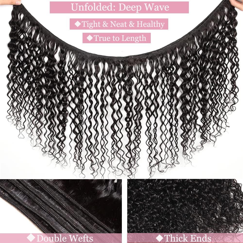 hetnear 32 Inch Deep Wave Bundles Human Hair 1 Bundles Water Wave Bundles 100% Unprocessed 10A Brazilian Virgin Human Hair Wet and Wavy Bundles Double Weft Deep Curly Weave Natural Black