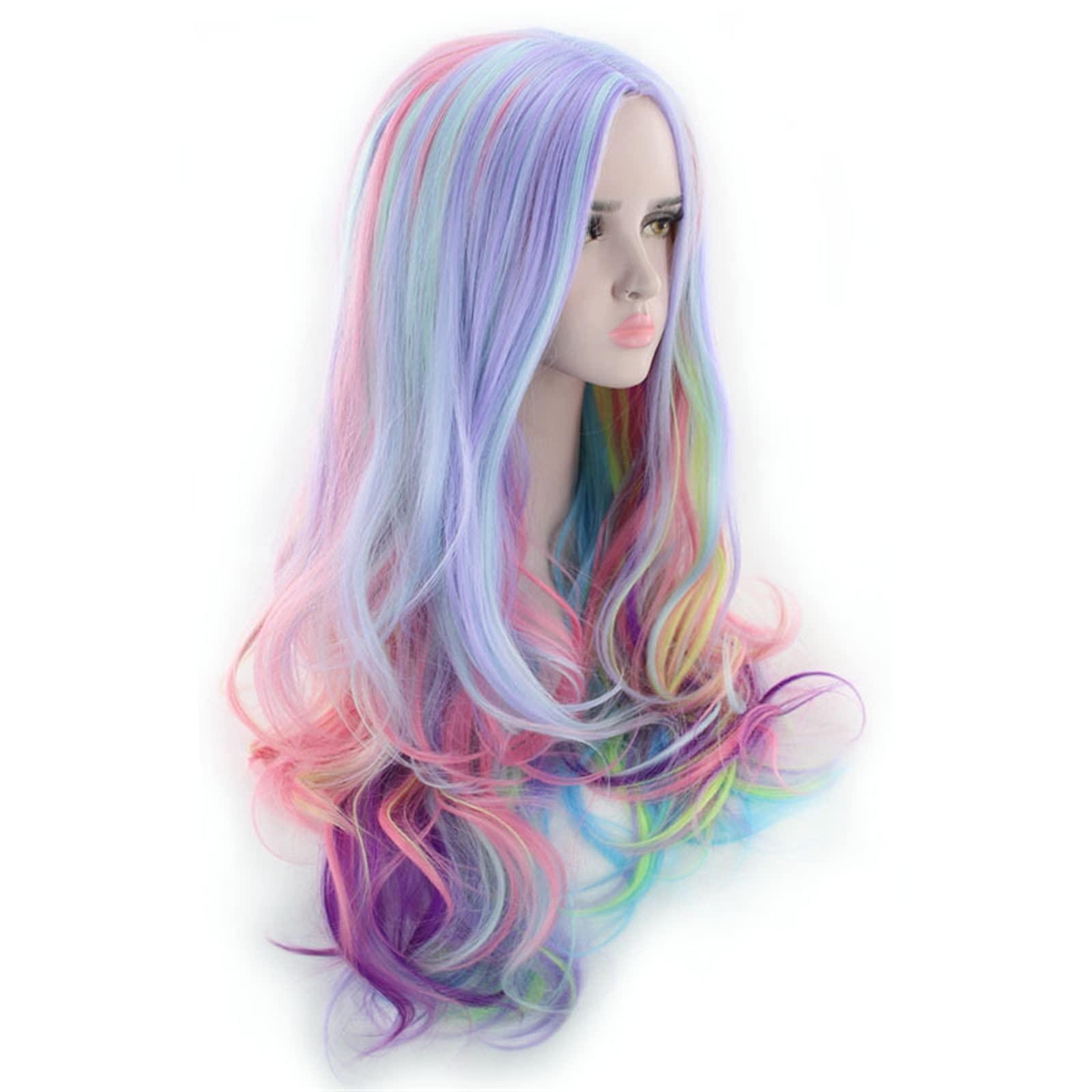 EkeNoz EkeNoz Women's anime coloured wig Gradient long curly hair Pick and dye bleached rainbow rose net hair set fashion decoration